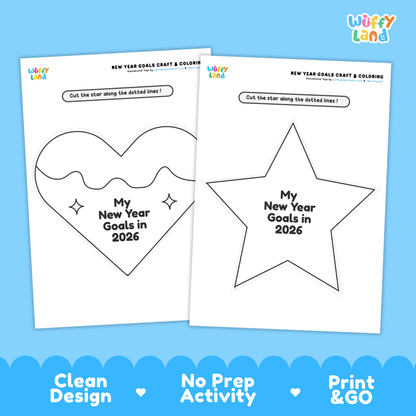 Two printable craft coloring pages from Wiffy Land for New Year Goals & Coloring, featuring a heart outline on the left and a star outline on the right, both with the text 'My New Year Goals in 2026'. The pages are displayed on a light blue background with promotional text at the bottom.