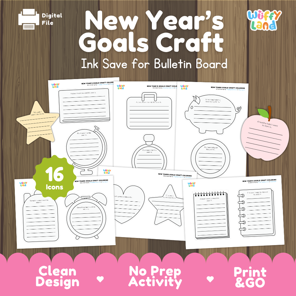 New Year's Goals Craft printable activity sheets with 16 black-and-white outline icons for a bulletin board, shown on a wood background with a pink banner reading 'Clean Design • No Prep Activity • Print & GO' and the brand name Wiffly Land.