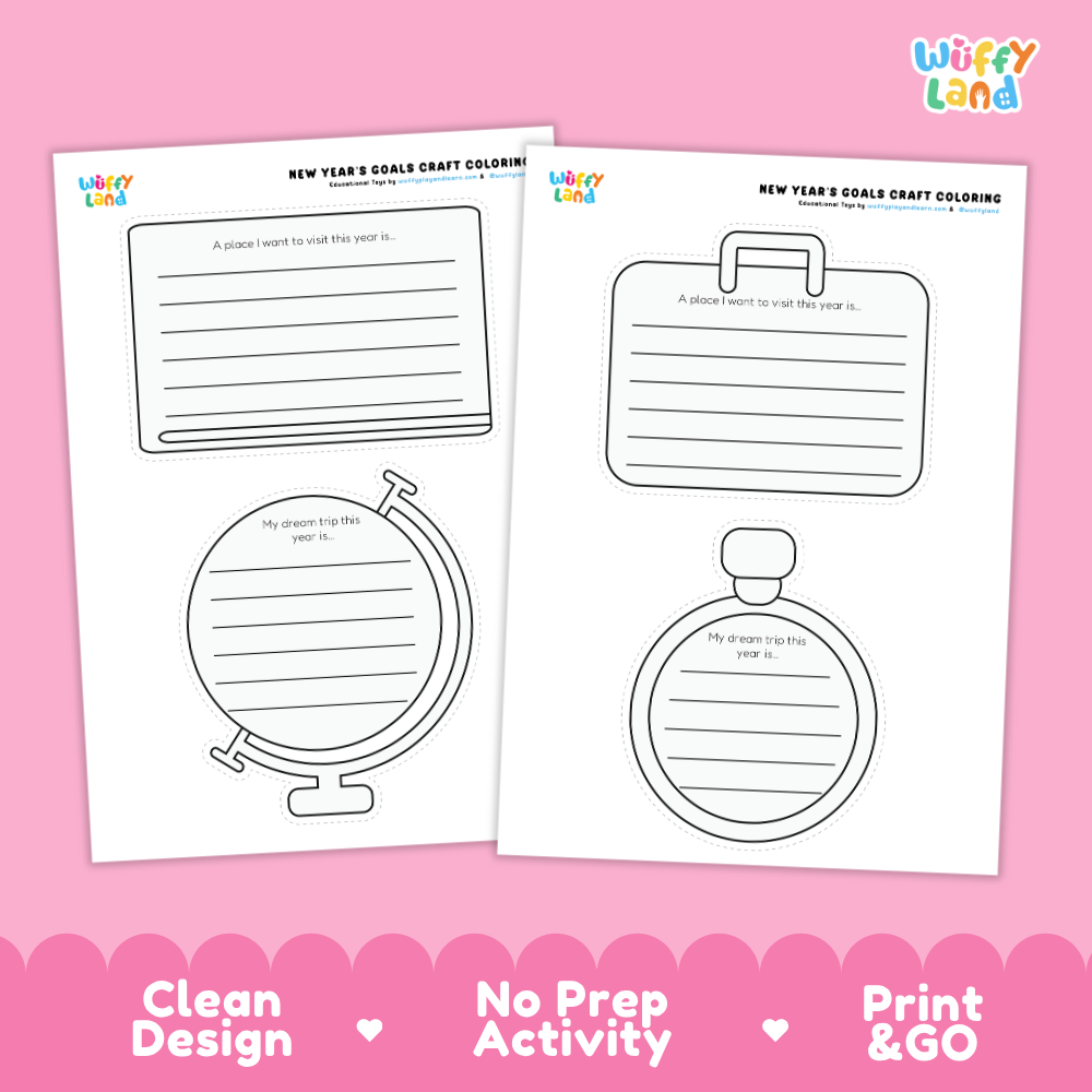 Two printable New Year's Eve craft coloring pages from Wiffy Land shown on a pink background with promotional text at the bottom. The pages feature black outline activity boxes and a globe shape with lined writing areas.
