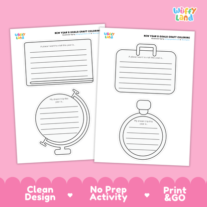 Two printable New Year's Eve craft coloring pages from Wiffy Land shown on a pink background with promotional text at the bottom. The pages feature black outline activity boxes and a globe shape with lined writing areas.