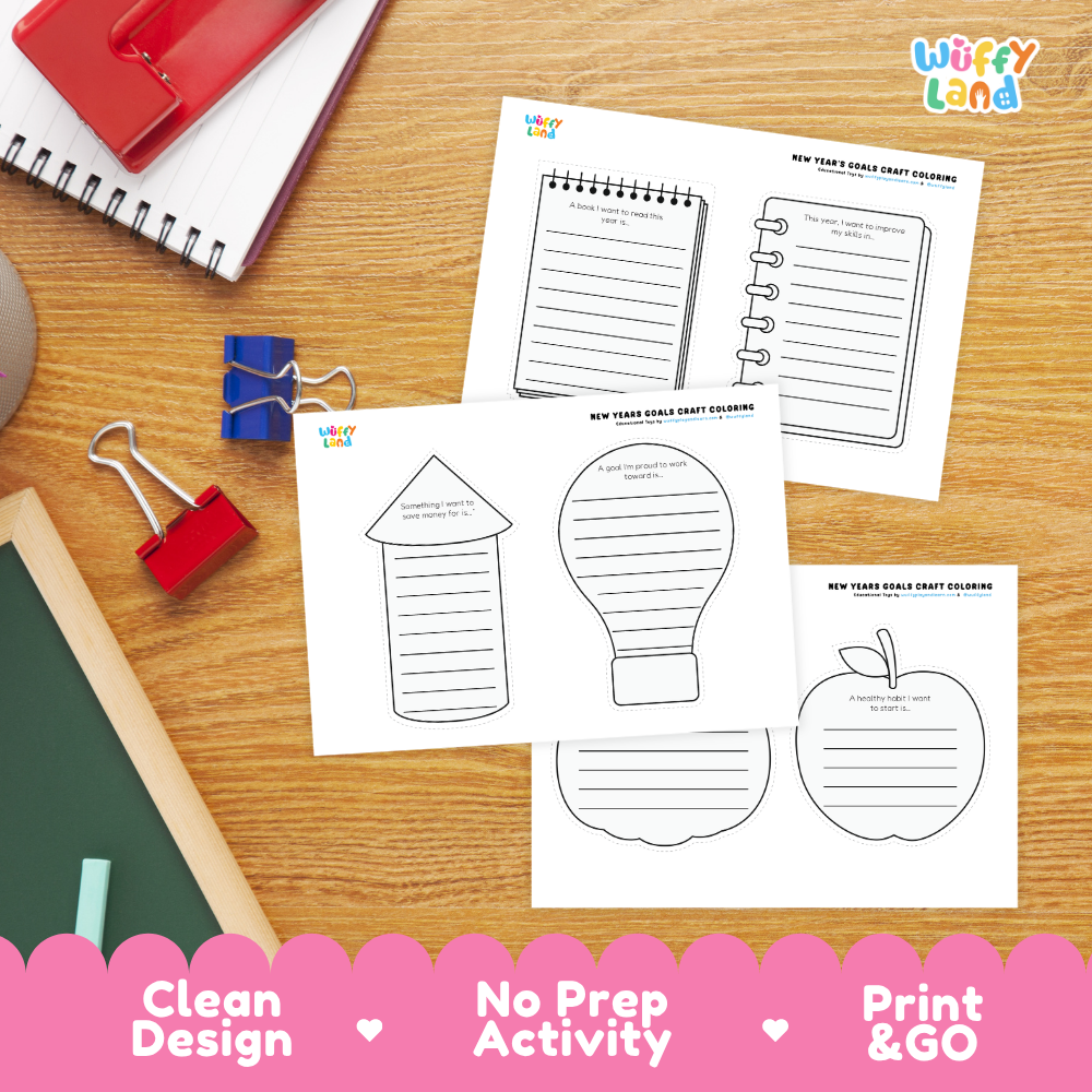 Three printable New Year's Eve craft outline sheets from Wiffly Land are displayed on a wooden desk with school supplies. The white sheets feature black line drawings of a notebook, a house, a light bulb, and an apple, with lined writing areas.