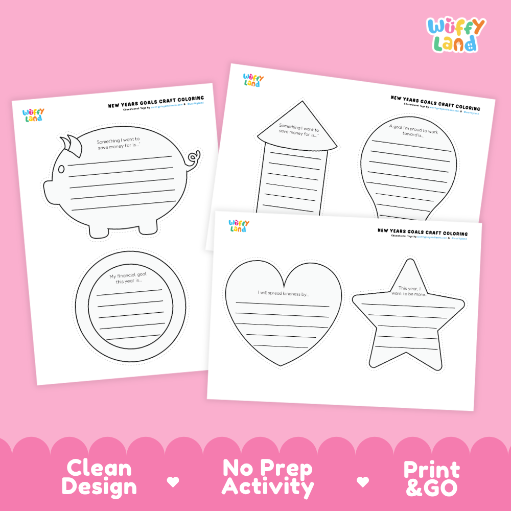 Three printable New Year's Eve craft activity sheets from Wiffy Land on a pink background. The sheets show black outline templates for a pig, house, balloon, circle, heart, and star, with writing prompts.