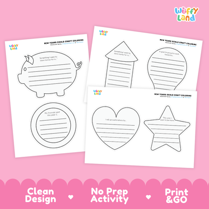 Three printable New Year's Eve craft activity sheets from Wiffy Land on a pink background. The sheets show black outline templates for a pig, house, balloon, circle, heart, and star, with writing prompts.