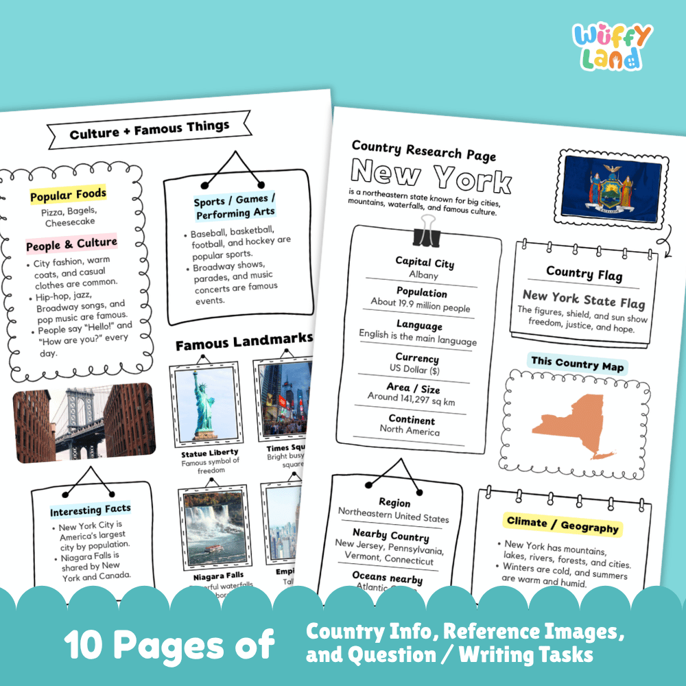 New York Country Research Project Worksheets and Activity Pages