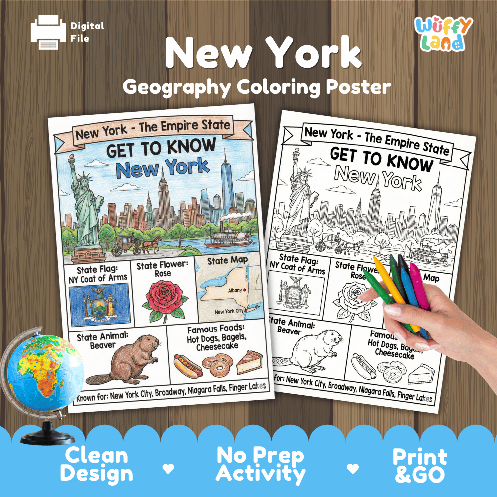 New York Geography Coloring Poster Worksheets