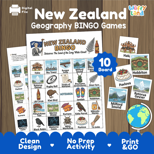 New Zealand Geography Bingo Games Printable Country Study Activities