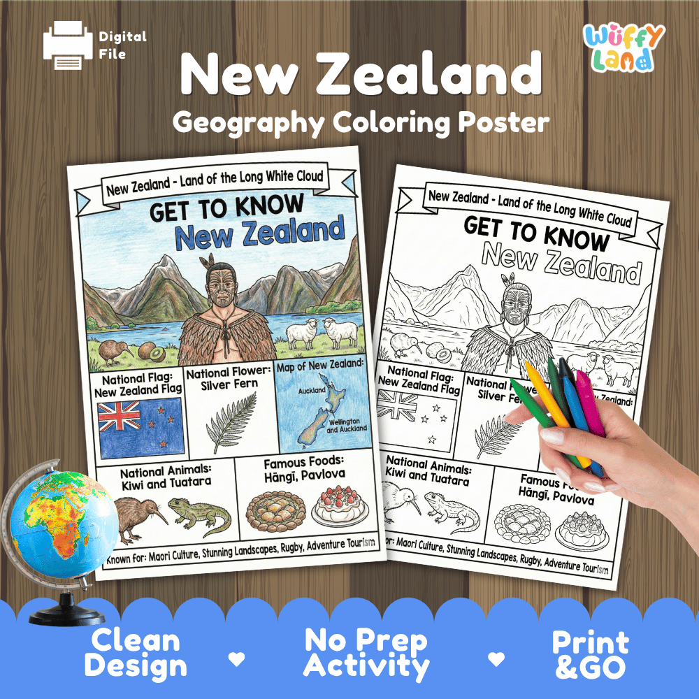 New Zealand Geography Coloring Poster and Activity Worksheet