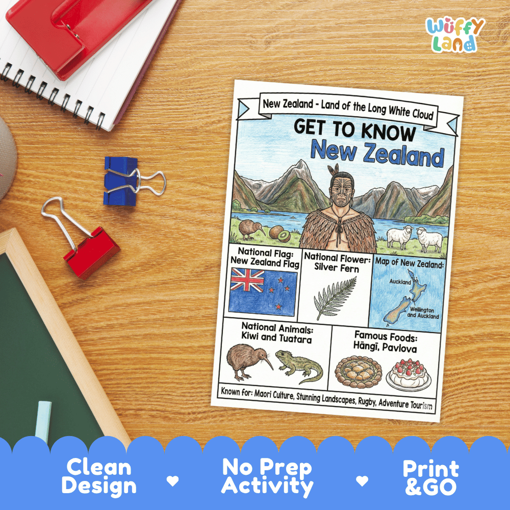 New Zealand Geography Coloring Poster and Activity Worksheet
