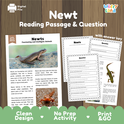 Newt Reading Passage and Comprehension Questions Worksheets with Answer Key