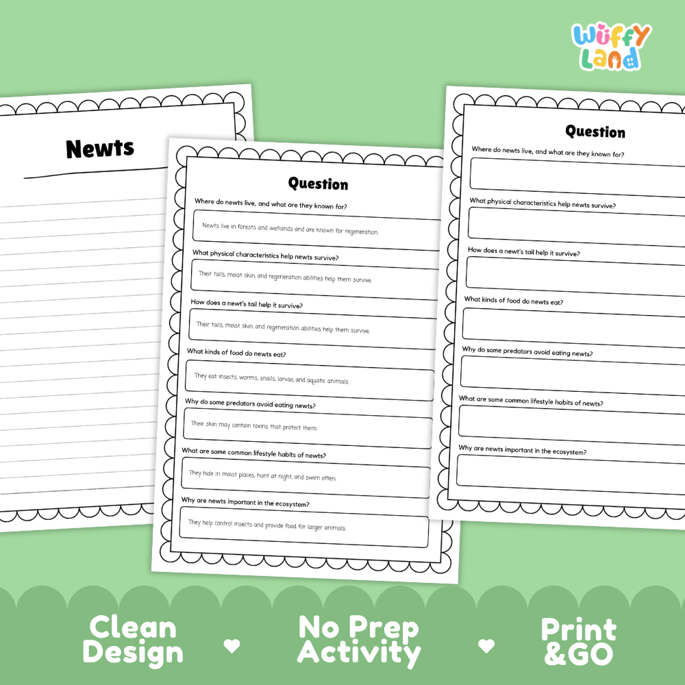 Newt Reading Passage and Comprehension Questions Worksheets with Answer Key