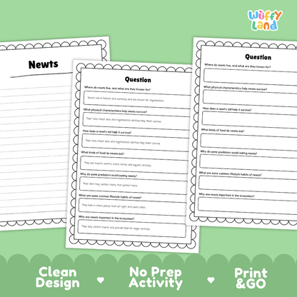 Newt Reading Passage and Comprehension Questions Worksheets with Answer Key