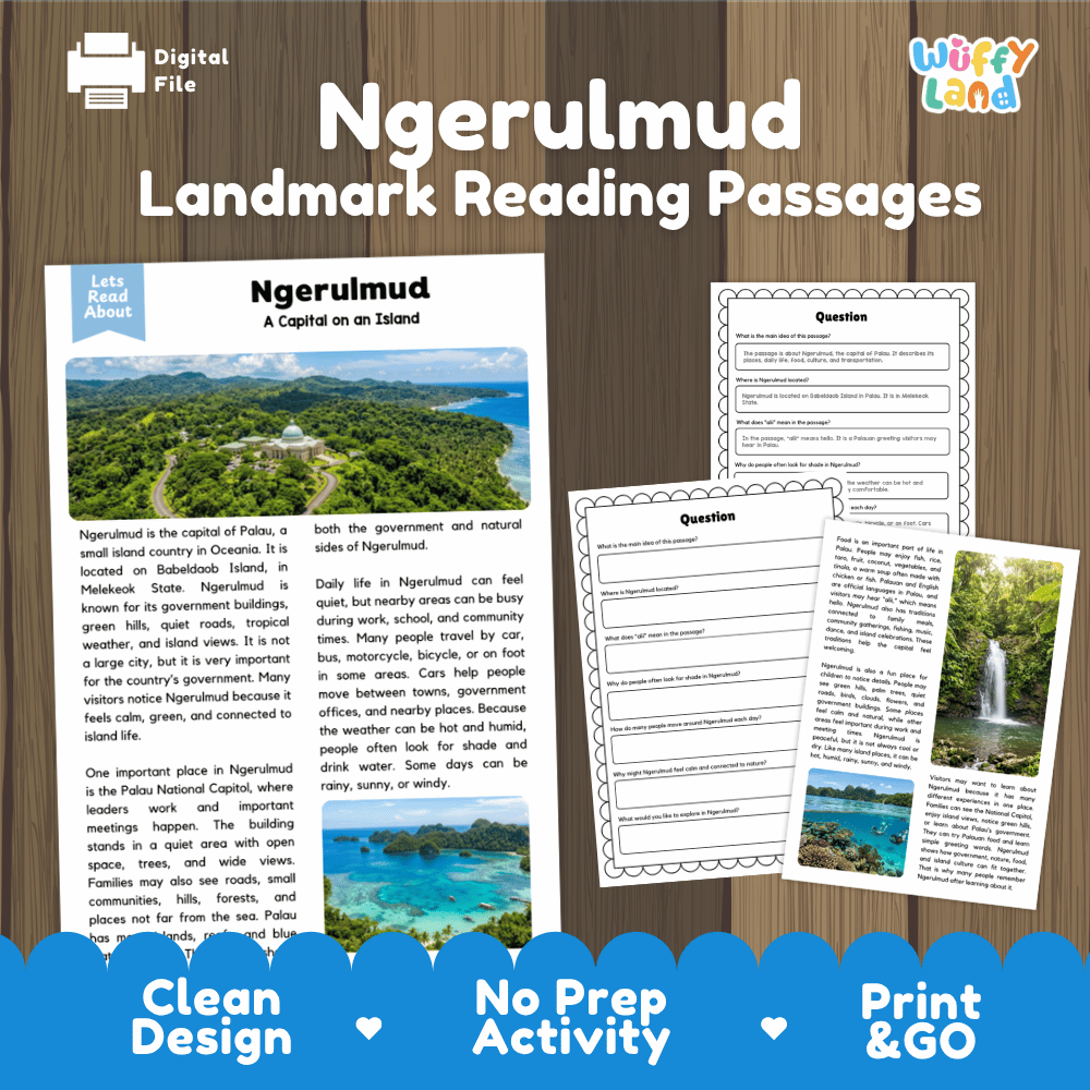 Ngerulmud landmark reading passage and comprehension worksheet educational unit featuring nonfiction text and authentic Palau Capitol dome photography