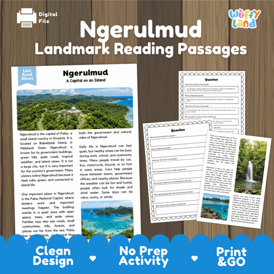 Ngerulmud landmark reading passage and comprehension worksheet educational unit featuring nonfiction text and authentic Palau Capitol dome photography
