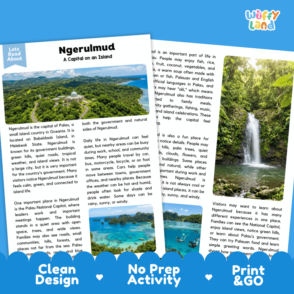 Reference sheet and answer key for Ngerulmud landmark reading passage displaying completed comprehension answers and Pacific geography facts