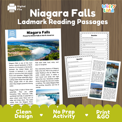 Digital printable activity sheet set titled 'Niagara Falls Ladmark Reading Passages' on a wood-grain background. The image shows a sample reading passage, a worksheet with a photo and writing prompts, and a 'Digital File' badge.