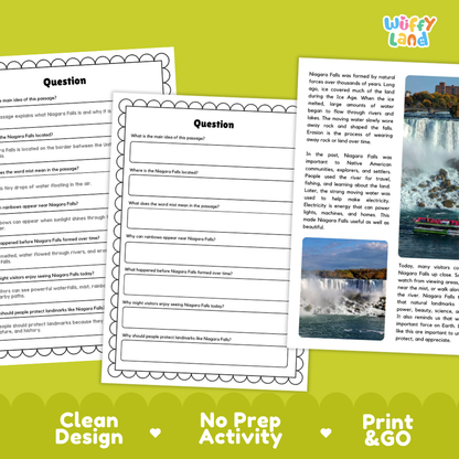 Three educational worksheet pages about Niagara Falls are shown on a green promotional background. The pages include a question header, a short reading passage with a small landscape photo, and a fill-in section.