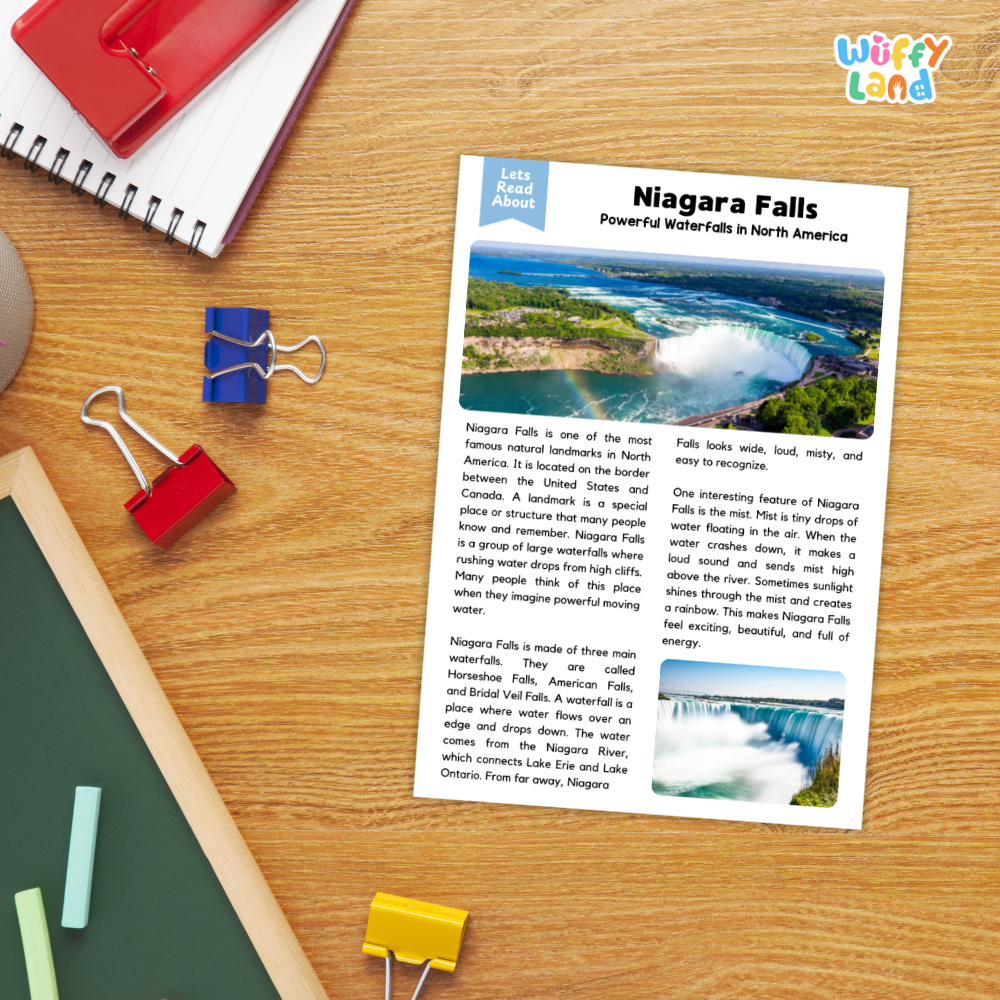 A printed educational poster about Niagara Falls is laid on a wooden desk with a spiral notebook, colored paper clips, and other school supplies around it. The poster includes a title, a short text summary, and two small landscape photos of the waterfall.