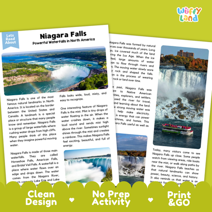 Two printed educational activity cards about Niagara Falls arranged on a white background with decorative hearts and the text 'Let's Field About' and 'Niagara Falls Powerful Waterfalls in North America.' The cards include a landscape photo, paragraphs of text, and small inset images, and the brand name 'Wuffly Land' appears in the top right.