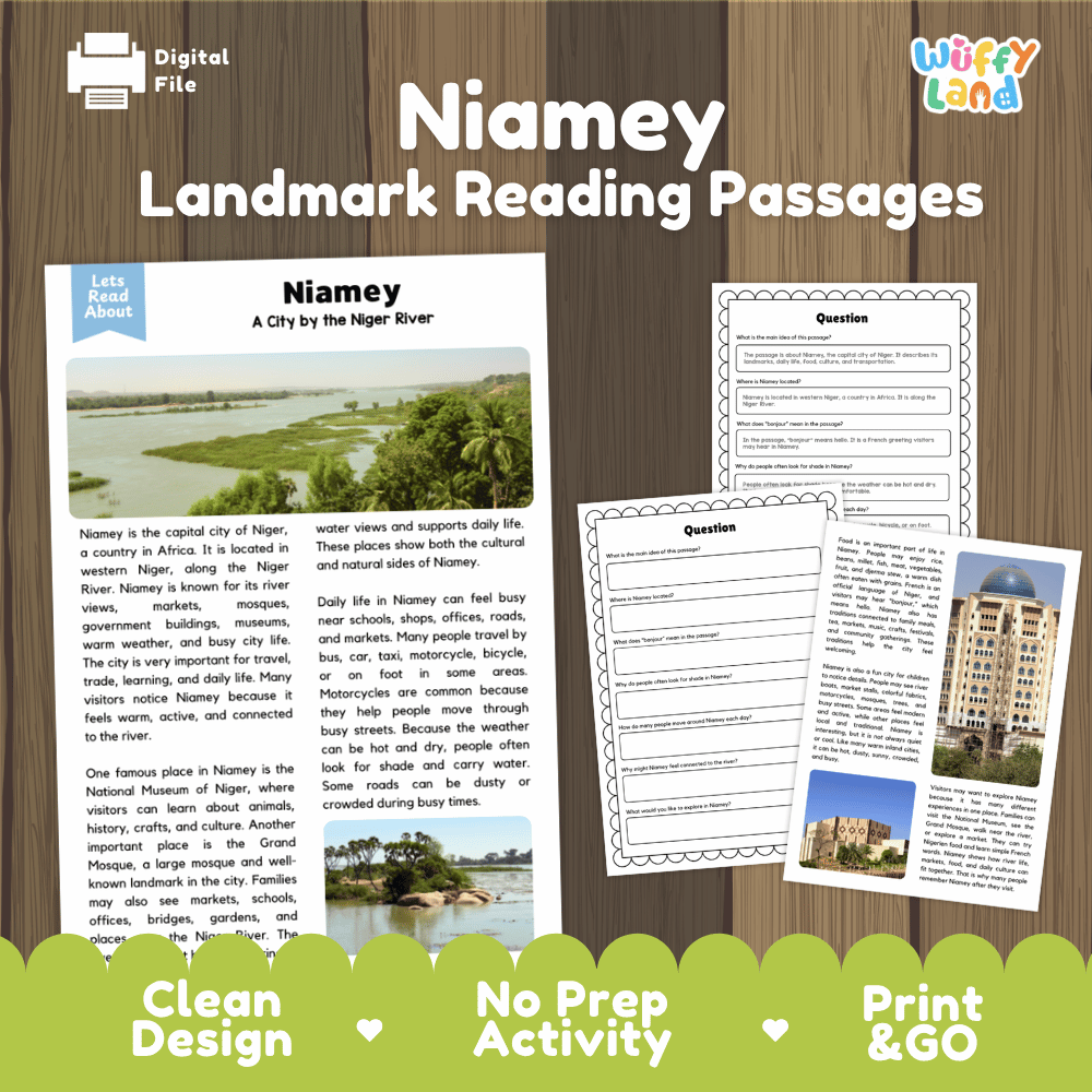 Niamey landmark reading passage and comprehension worksheet educational unit featuring nonfiction text and authentic Niger Grand Mosque photography