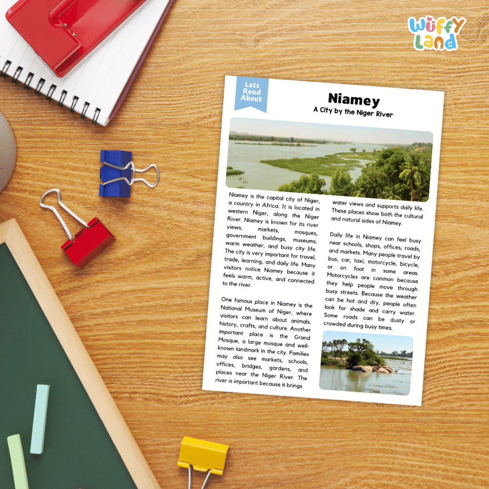 Lined reading comprehension question worksheet covering main ideas vocabulary terms and landmark facts about Niamey Niger