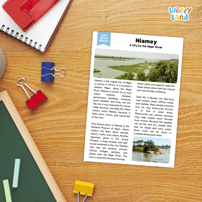Lined reading comprehension question worksheet covering main ideas vocabulary terms and landmark facts about Niamey Niger