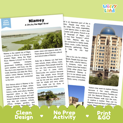 Reference sheet and answer key for Niamey landmark reading passage displaying completed comprehension answers and West African geography facts