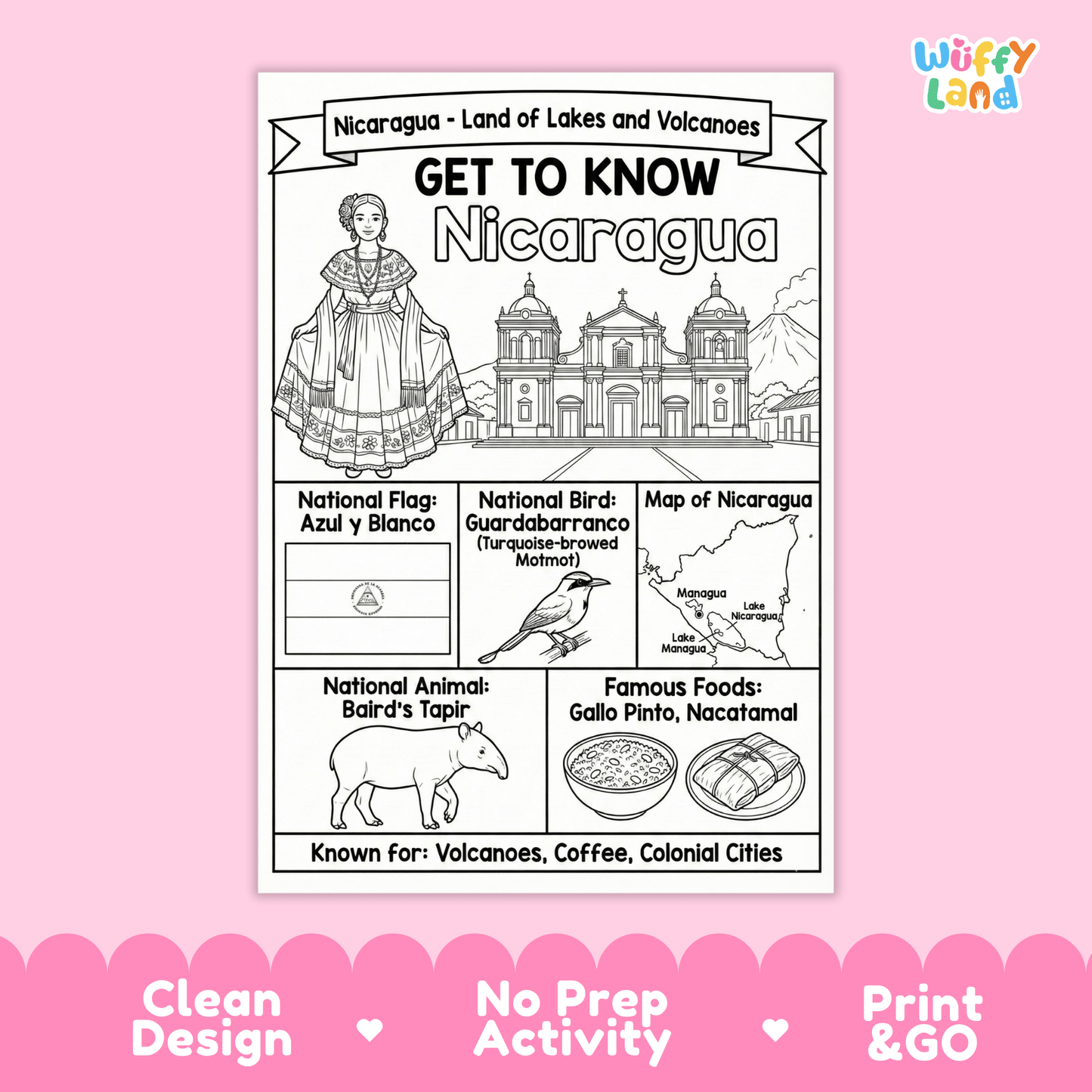 Nicaragua Country Study Geography Coloring Page Worksheet Activity