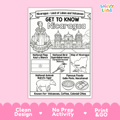 Nicaragua Country Study Geography Coloring Page Worksheet Activity