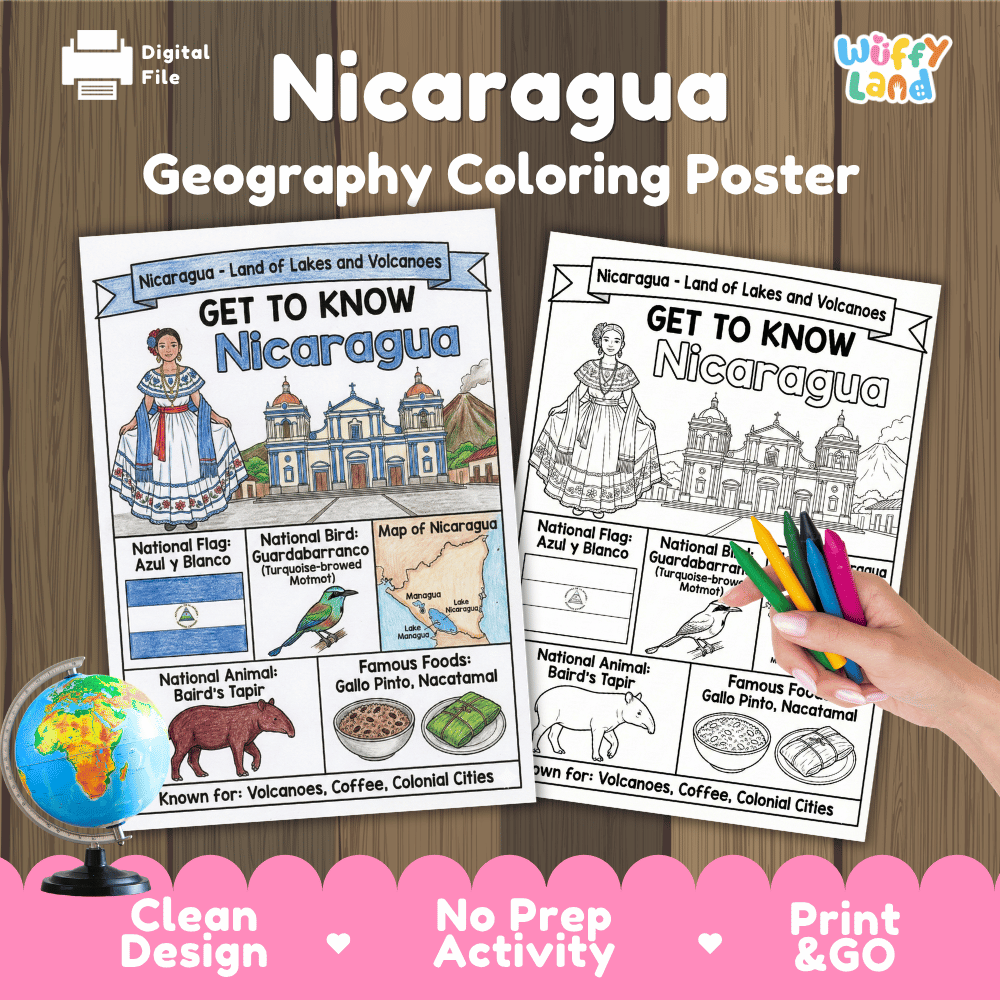 Nicaragua Geography Coloring Poster and Activity Worksheet