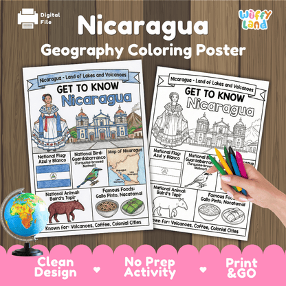 Nicaragua Geography Coloring Poster and Activity Worksheet