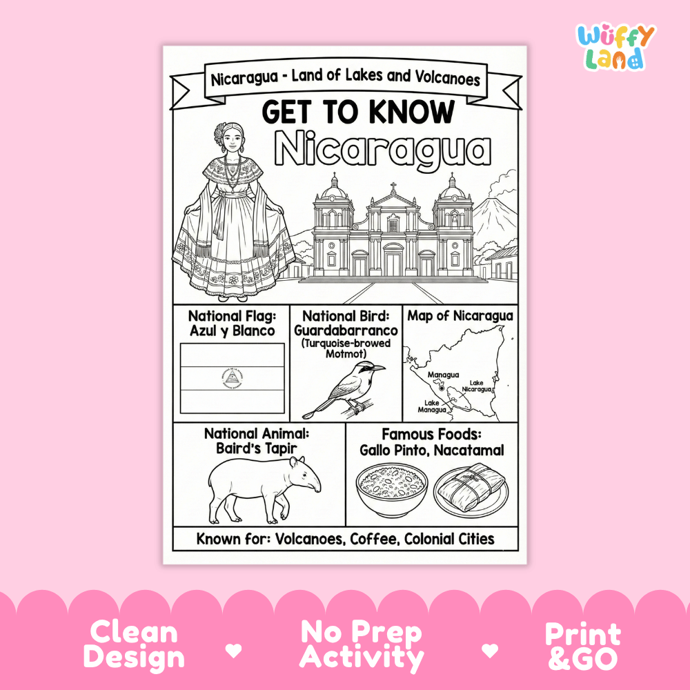 Nicaragua Geography Coloring Poster and Activity Worksheet