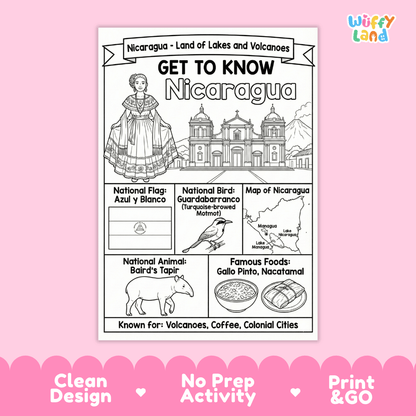 Nicaragua Geography Coloring Poster and Activity Worksheet
