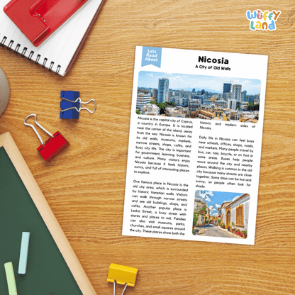 Lined reading comprehension question worksheet covering main ideas vocabulary terms and landmark facts about Nicosia Cyprus