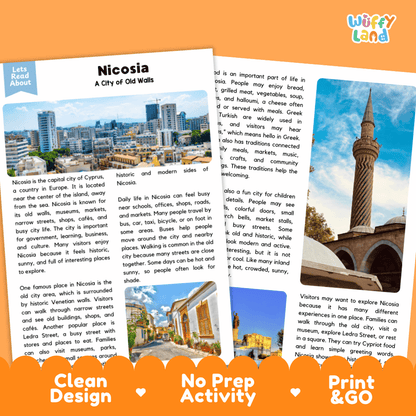 Reference sheet and answer key for Nicosia landmark reading passage displaying completed comprehension answers and Mediterranean island geography facts