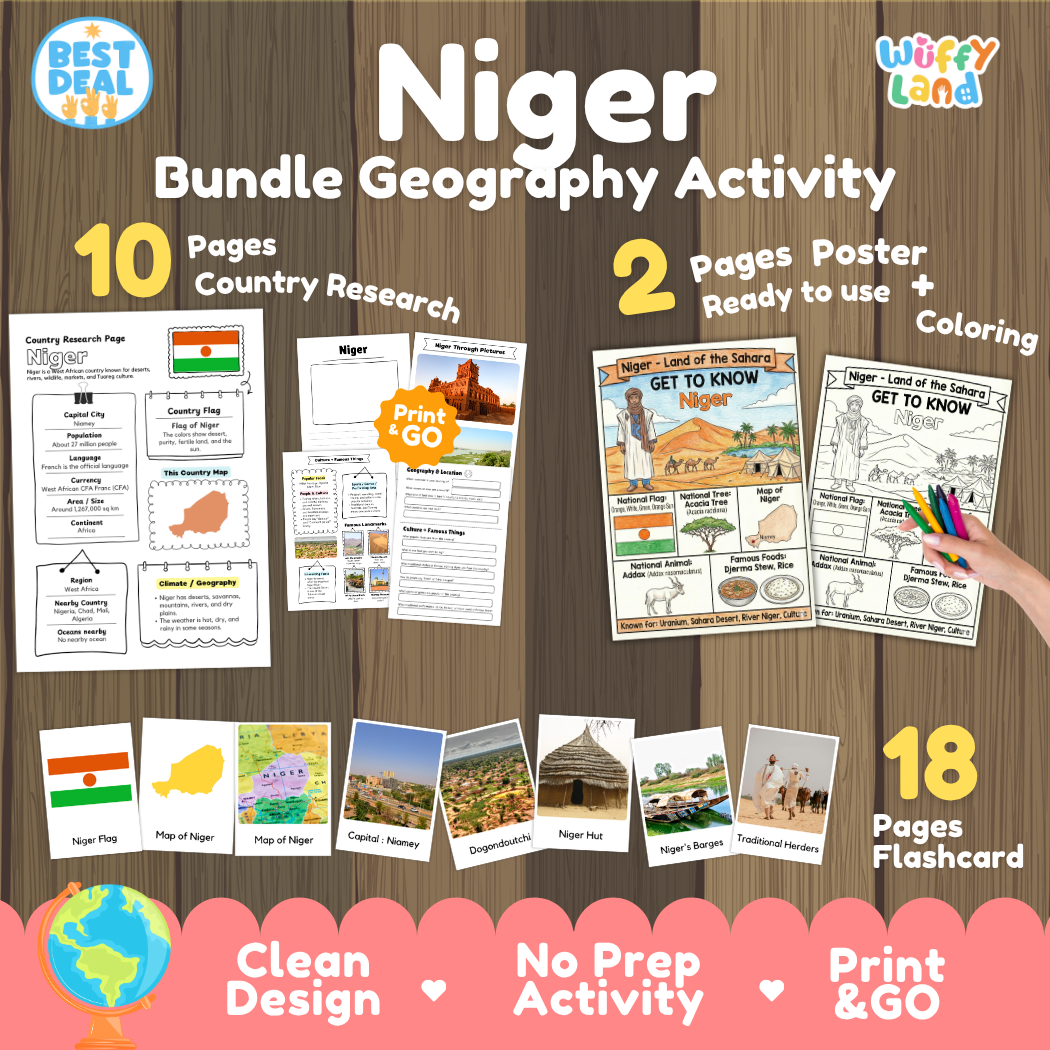 Niger geography activity bundle cover showing 10 country research pages, 2 ready to use coloring posters, and 18 photo flashcards