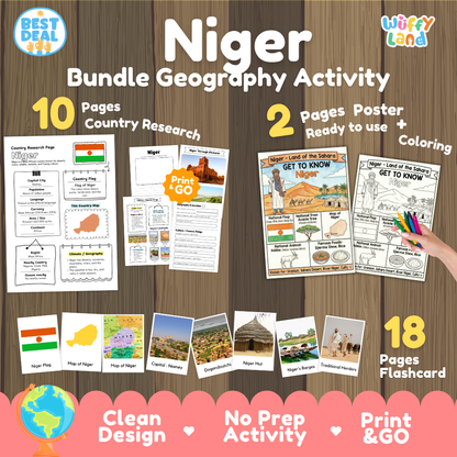 Niger geography activity bundle cover showing 10 country research pages, 2 ready to use coloring posters, and 18 photo flashcards