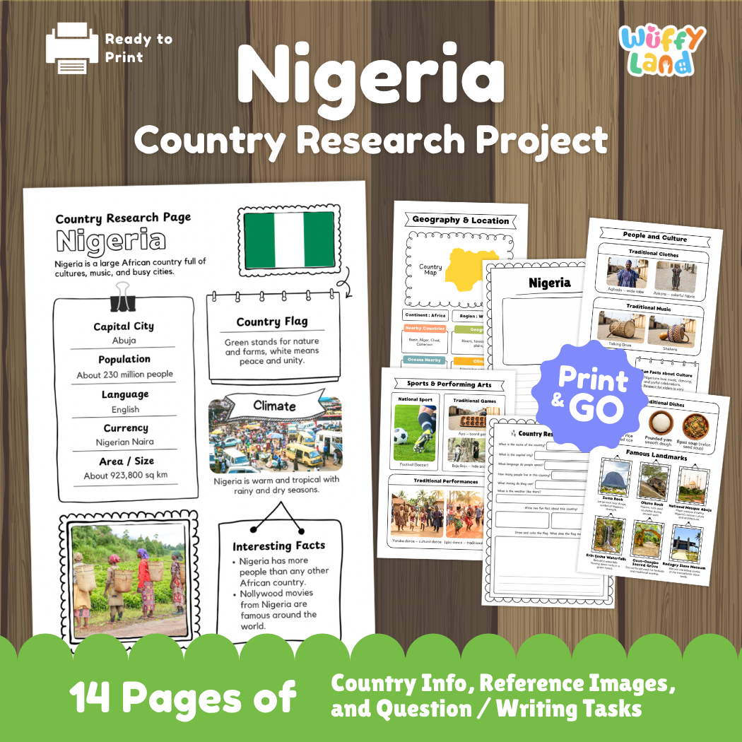 Student country research worksheet on Nigeria featuring green and white flag, Abuja capital facts, climate, and geography map