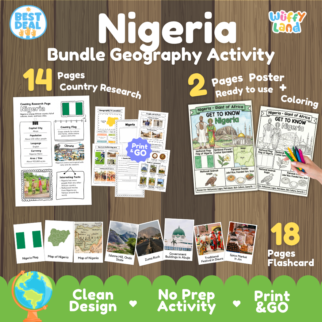 Nigeria geography activity bundle cover showing 14 country research pages, 2 ready to use coloring posters, and 18 photo flashcards