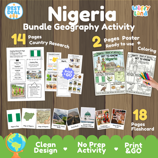 Nigeria geography activity bundle cover showing 14 country research pages, 2 ready to use coloring posters, and 18 photo flashcards