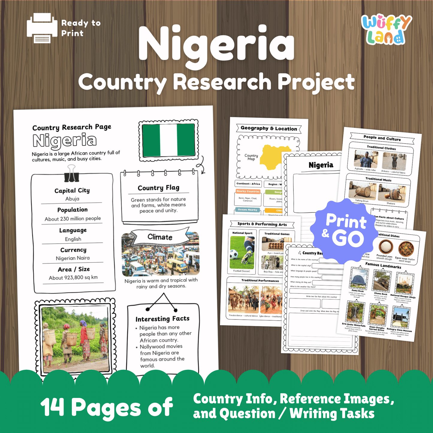 A set of printable Nigeria country research worksheets showing facts about Nigeria, including the flag, map, capital city, population, climate, culture, traditional clothing, music, sports, landmarks, and student activity pages.