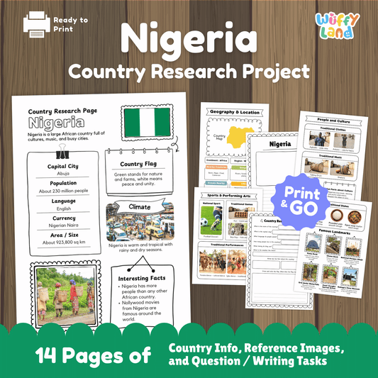 A set of printable Nigeria country research worksheets showing facts about Nigeria, including the flag, map, capital city, population, climate, culture, traditional clothing, music, sports, landmarks, and student activity pages.