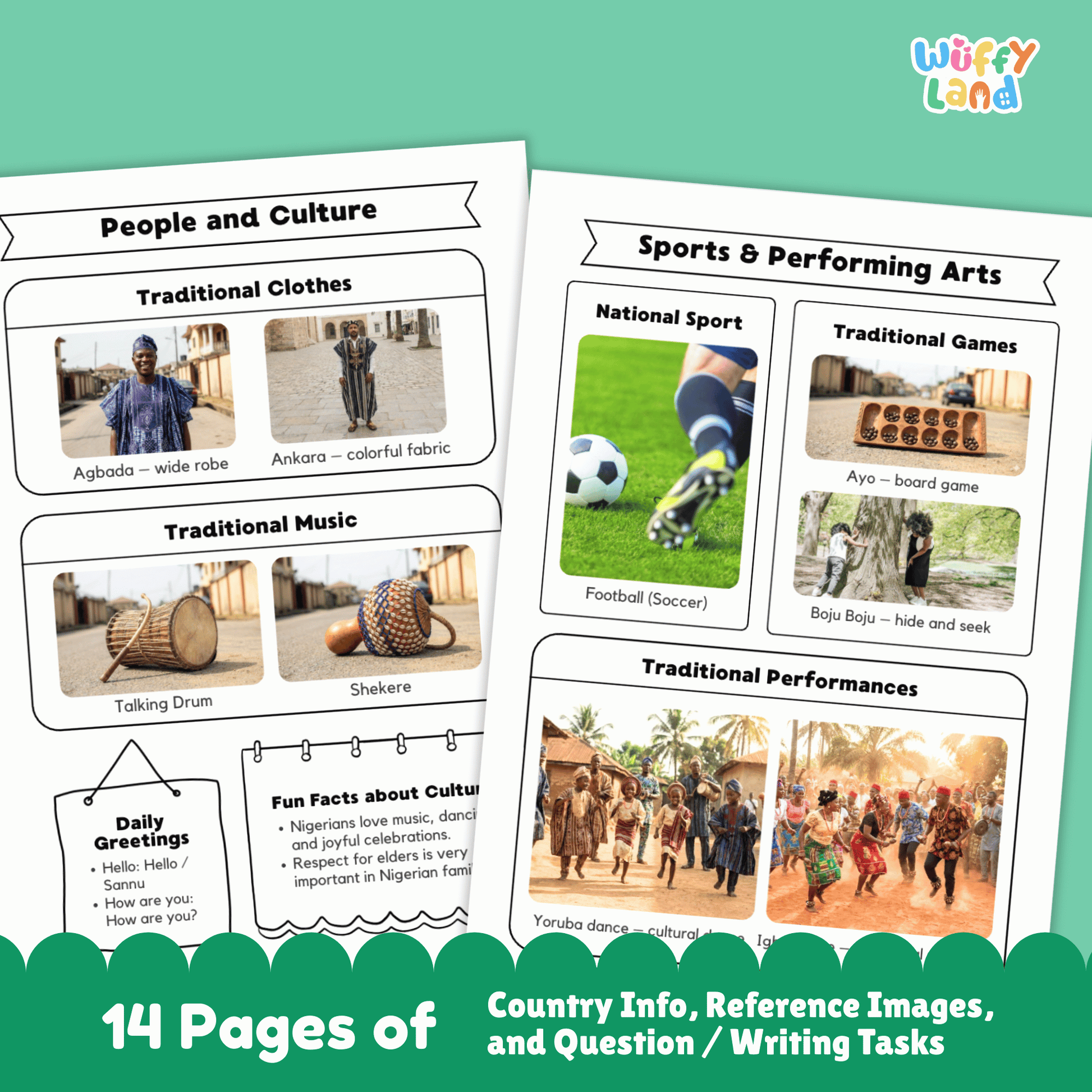A set of printable Nigeria country research worksheets showing facts about Nigeria, including the flag, map, capital city, population, climate, culture, traditional clothing, music, sports, landmarks, and student activity pages.