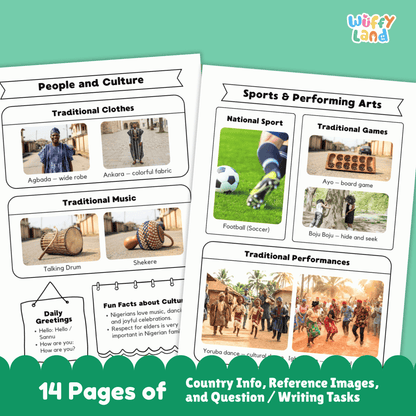 A set of printable Nigeria country research worksheets showing facts about Nigeria, including the flag, map, capital city, population, climate, culture, traditional clothing, music, sports, landmarks, and student activity pages.