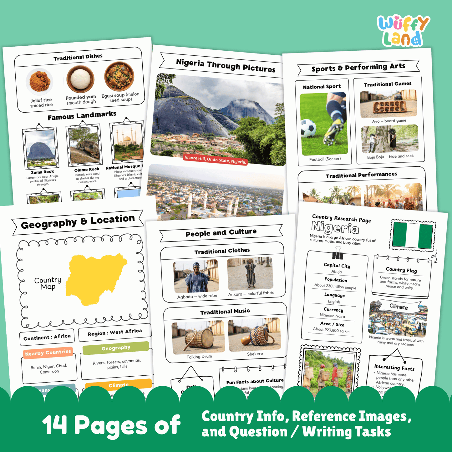 A set of printable Nigeria country research worksheets showing facts about Nigeria, including the flag, map, capital city, population, climate, culture, traditional clothing, music, sports, landmarks, and student activity pages.
