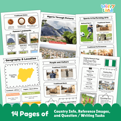 A set of printable Nigeria country research worksheets showing facts about Nigeria, including the flag, map, capital city, population, climate, culture, traditional clothing, music, sports, landmarks, and student activity pages.