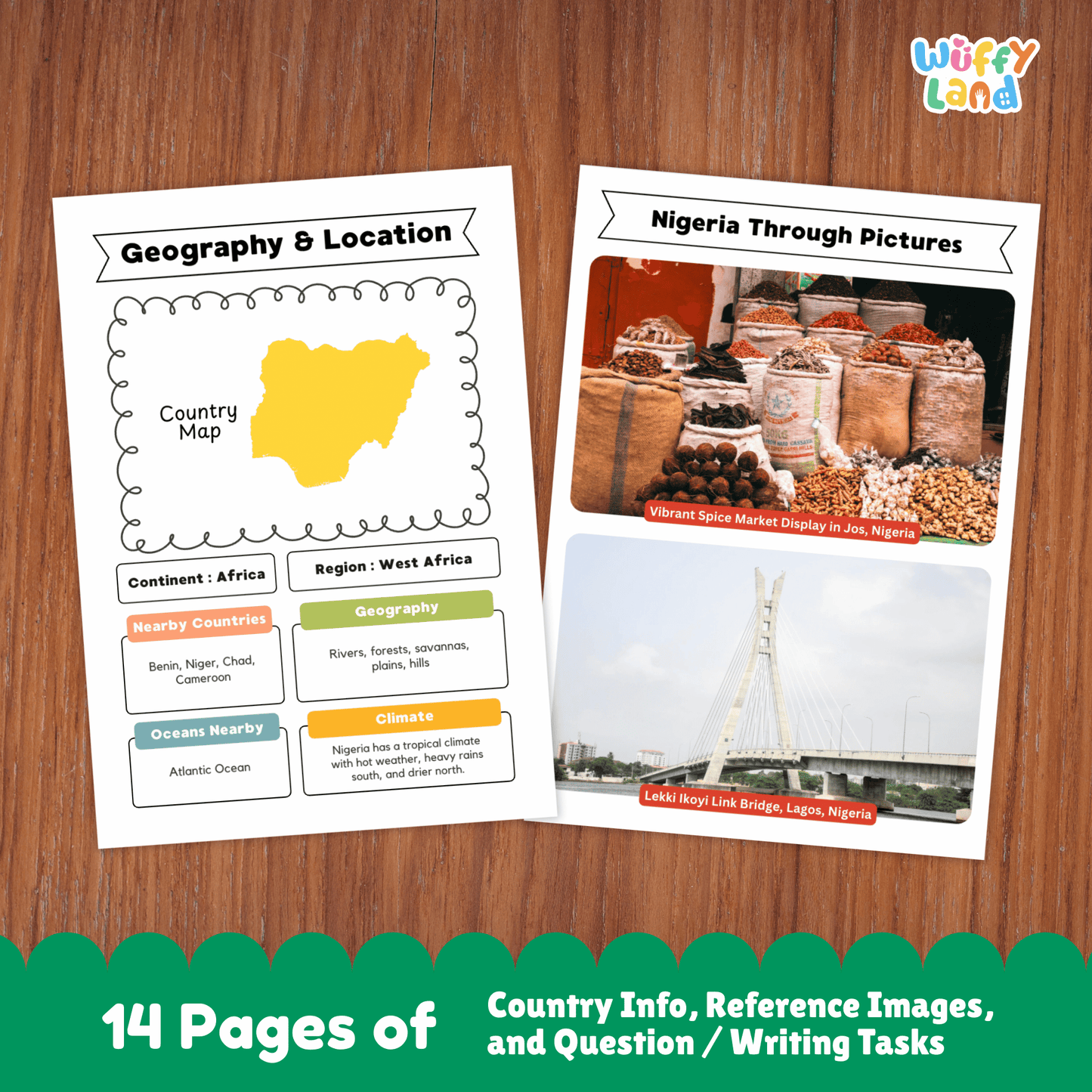 A set of printable Nigeria country research worksheets showing facts about Nigeria, including the flag, map, capital city, population, climate, culture, traditional clothing, music, sports, landmarks, and student activity pages.