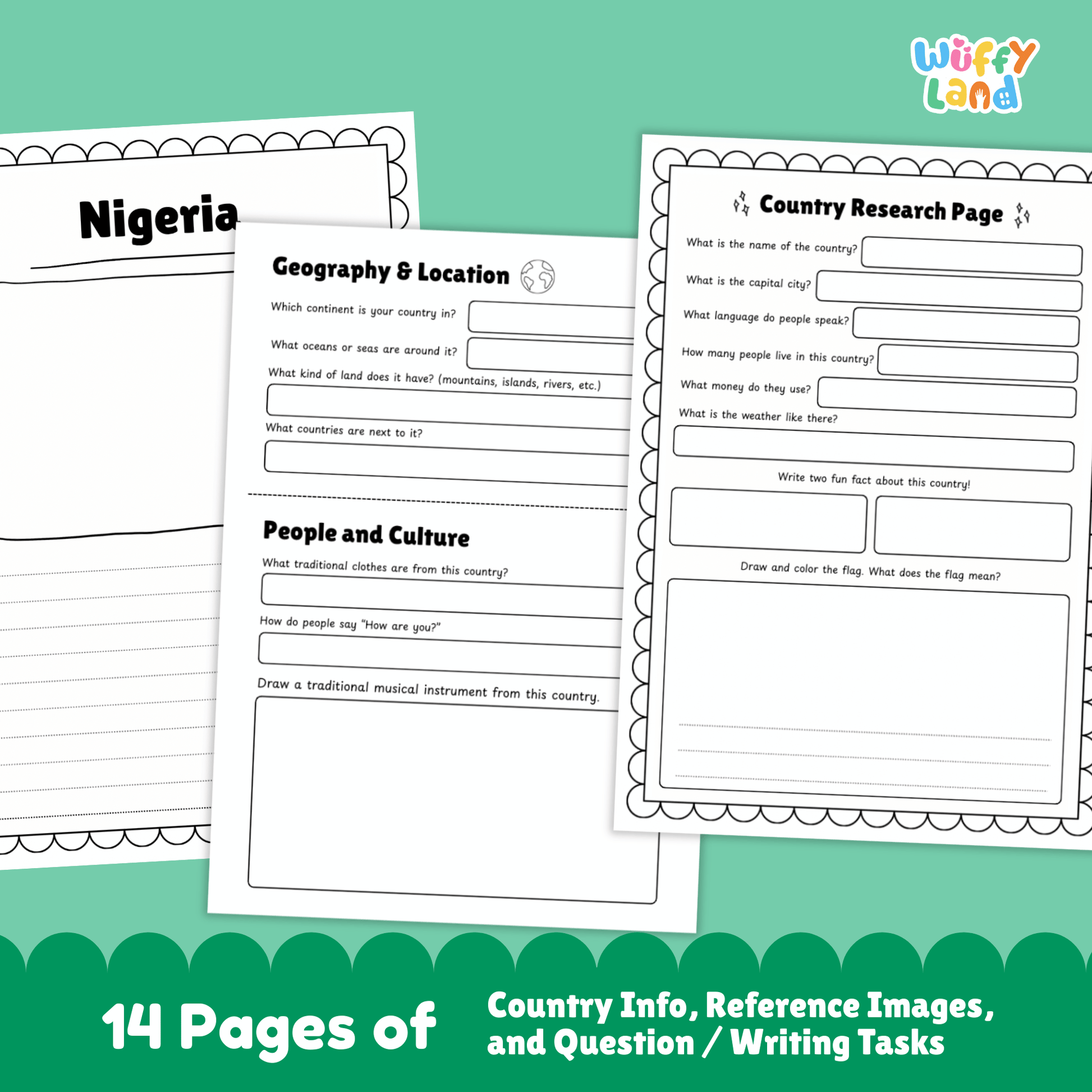 A set of printable Nigeria country research worksheets showing facts about Nigeria, including the flag, map, capital city, population, climate, culture, traditional clothing, music, sports, landmarks, and student activity pages.
