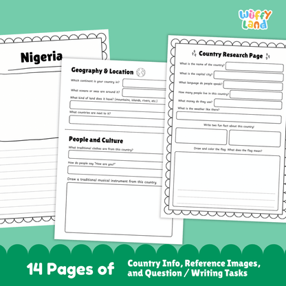 A set of printable Nigeria country research worksheets showing facts about Nigeria, including the flag, map, capital city, population, climate, culture, traditional clothing, music, sports, landmarks, and student activity pages.