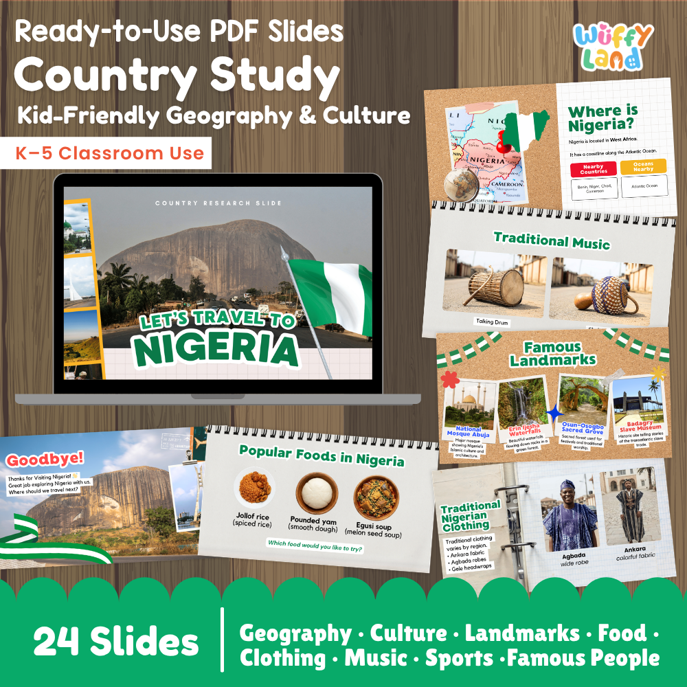 Digital product preview for a 'Country Study: Nigeria' educational slide set by Wiffly Land. The graphic displays a laptop showing a slide about the Giant's Causeway, surrounded by mockup pages of other geography and culture slides on a dark wood background.