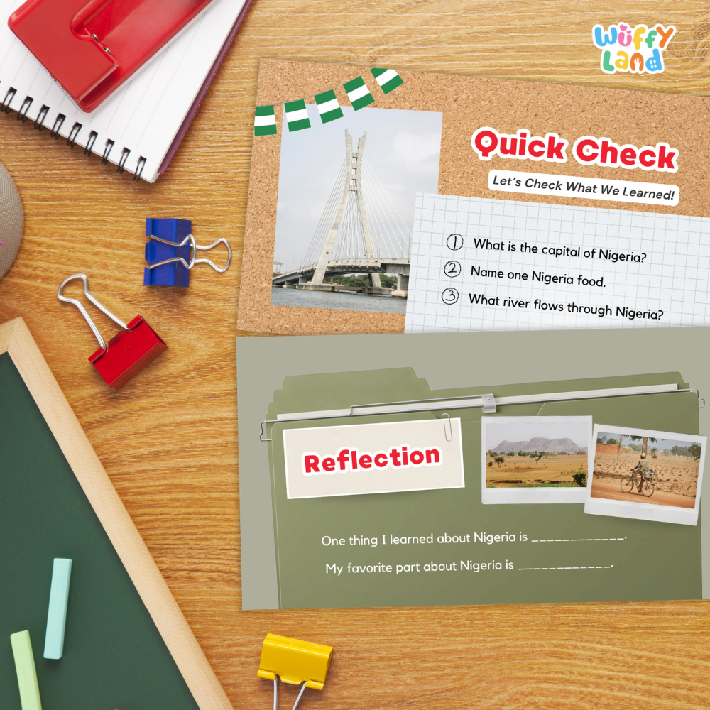 A children's educational activity sheet from Wiffy Land titled 'Quick Check' and 'Reflection' laid out on a wooden desk with school supplies around it.